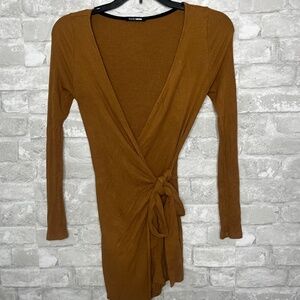 Fashion Nova Brown Ribbed Wrap Romper – Long Sleeve, Size Small